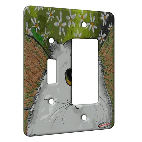 KuzmarK™ 2 Gang Single Toggle / Single Duplex Rocker Wall Plate - Silver Persian Kitty Fairy with Daisies Fantasy Cat Art by Denise Every