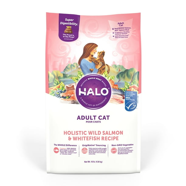 Halo Natural Dry Cat Food, Wild Salmon & Whitefish Recipe, 10Pound Bag