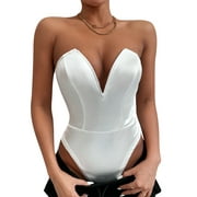 VISgogo Women's Bodysuit, Sexy V Neck Slim Fit Tube Top Sleeveless Solid Color Bodycon Tops for Women