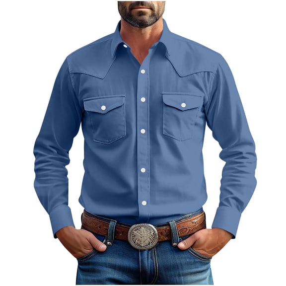 KeShDi Mens Button Down Shirt Men's Fashionable Vintage Solid Color Casual Long Sleeve Turndown Collar Blouse Shirt Blue 3X