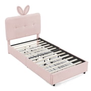Twin Kids Bed with LED Lights and 4 Storage Drawers, Upholstered Boucle Bed Frame with Rabbit Ear Headboard, Platform Bed for Girls Boys Bedroom, Pink
