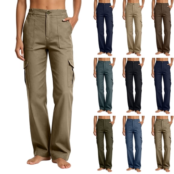Women's Mid-Rise Loose Fit Cargo Boot Pants with Side Pockets Utility Pants for Casual Hiking Outdoor Activities Khaki XL(XL)