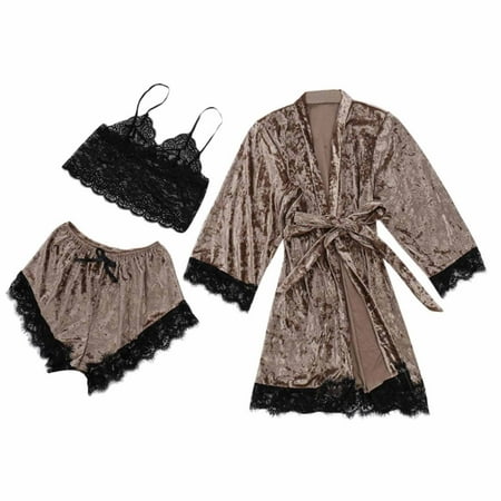 

Dadaria Pajamas for Women Soft Comfy Women Three-Piece Pajamas Lace Velvet Solid Color Lace Three-Piece Pajamas Nightdress Sleepwear Gold XL Women