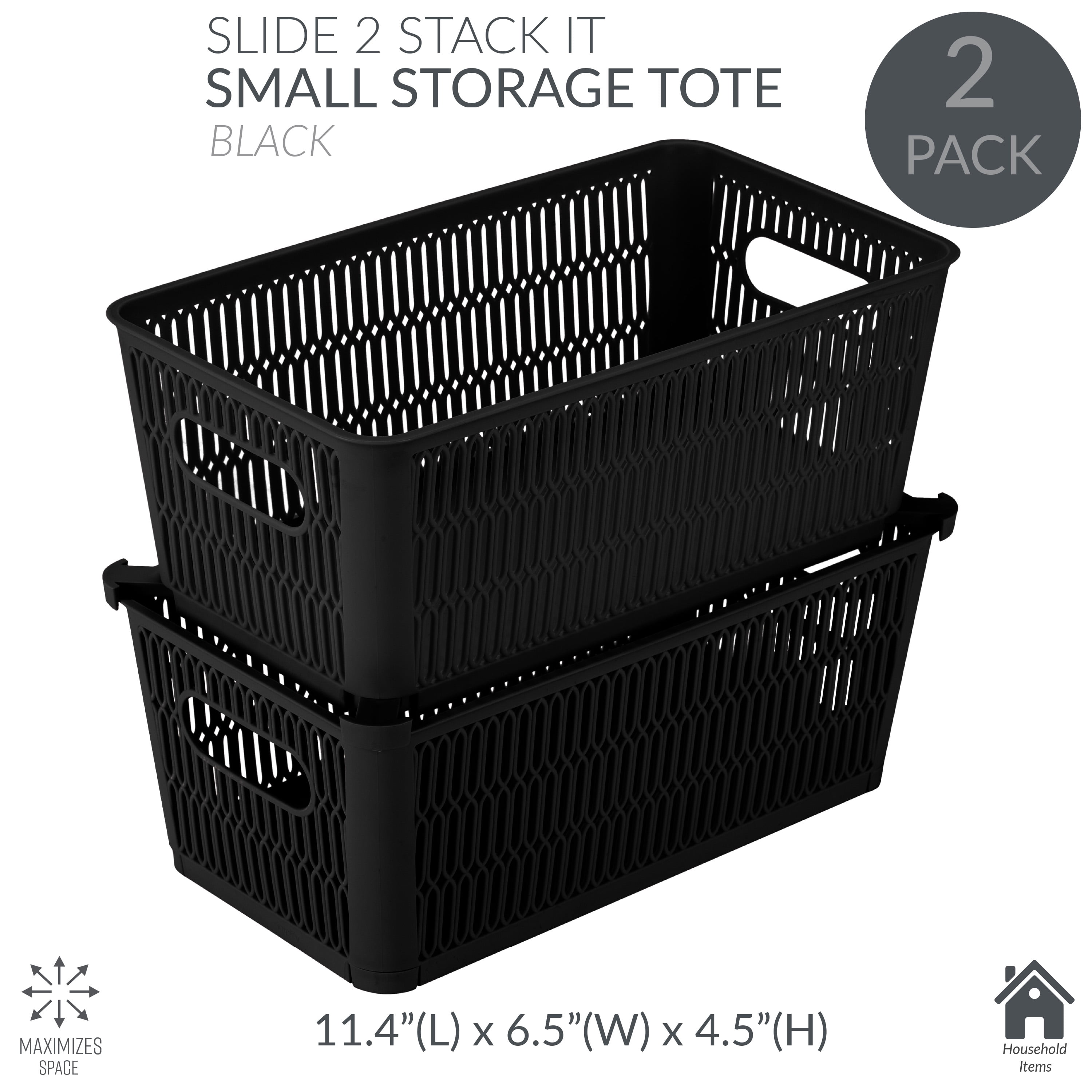 Simplify 4 Pack Slide 2 Stack It Small Plastic Storage Tote Baskets, Black
