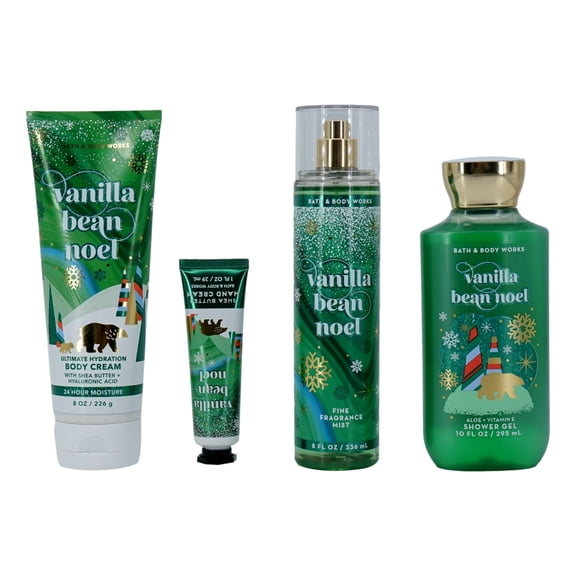 Vanilla Bean Noel Gift Bag Set 4 Pack 8 oz Ultimate Hydration Body Cream, 8 oz Fine Fragrance Mist, 10 oz Shower Gel, and 1 oz Travel Size Hand Cream Arranged In Festive Gift Bag Self Care