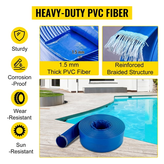 Manguera de descarga VEVOR, 1-1/2 x 105', manguera plana de tela de PVC, manguera de drenaje de retrolavado resistente con abrazaderas, resistente a la intemperie y a prueba de ex