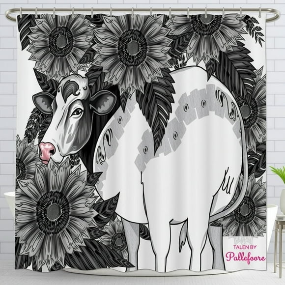 Charming Black and White Cow Shower Curtain with Sunflower Design - Modern Bathroom Decor