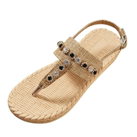 

uikmnh Women Slippers Sandals SlipOn Flat Breathable Women s Bow Open Beach Weave Slippers Toe Shoes Rhinestone Summer Women s Sandals Black 8.5