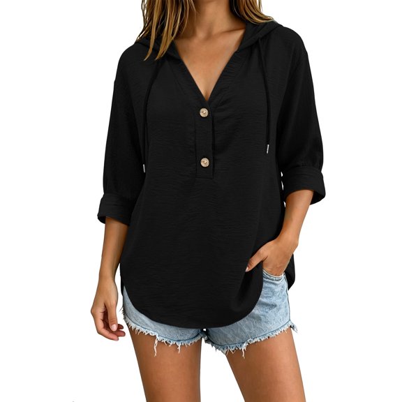 Women's V Neck Button Front Hoodie, Long Sleeve Drawstring Top, Casual Pullover Shirt for Spring Summer | CSEONE,Black L