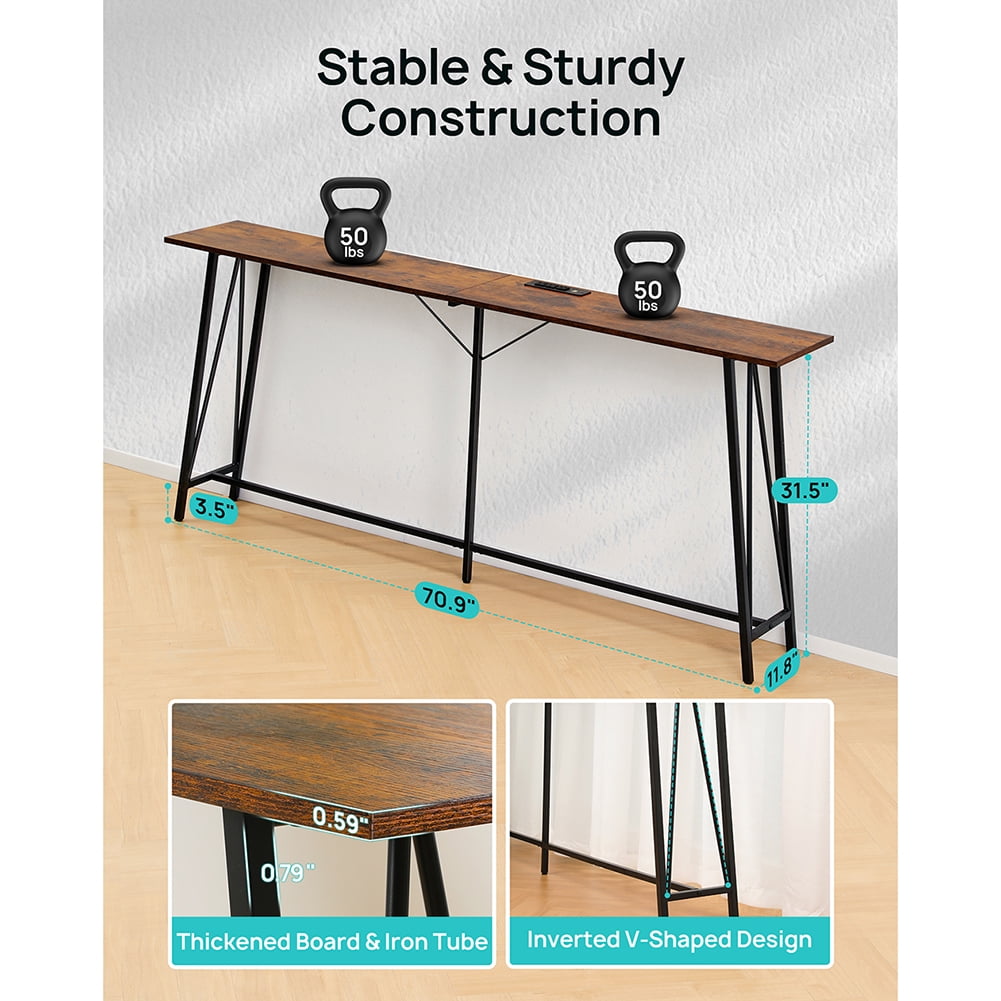 Resenkos 70.9” Computer Desk Console Table, Industrial Sofa Table Office Desk with 3 Outlets and 2 USB Ports for Home Office, Brown Resenkos 70.9” Computer Desk Console Table, Industrial Sofa Table Office Desk with 3 Outlets and 2 USB Ports for Home Office, Brown