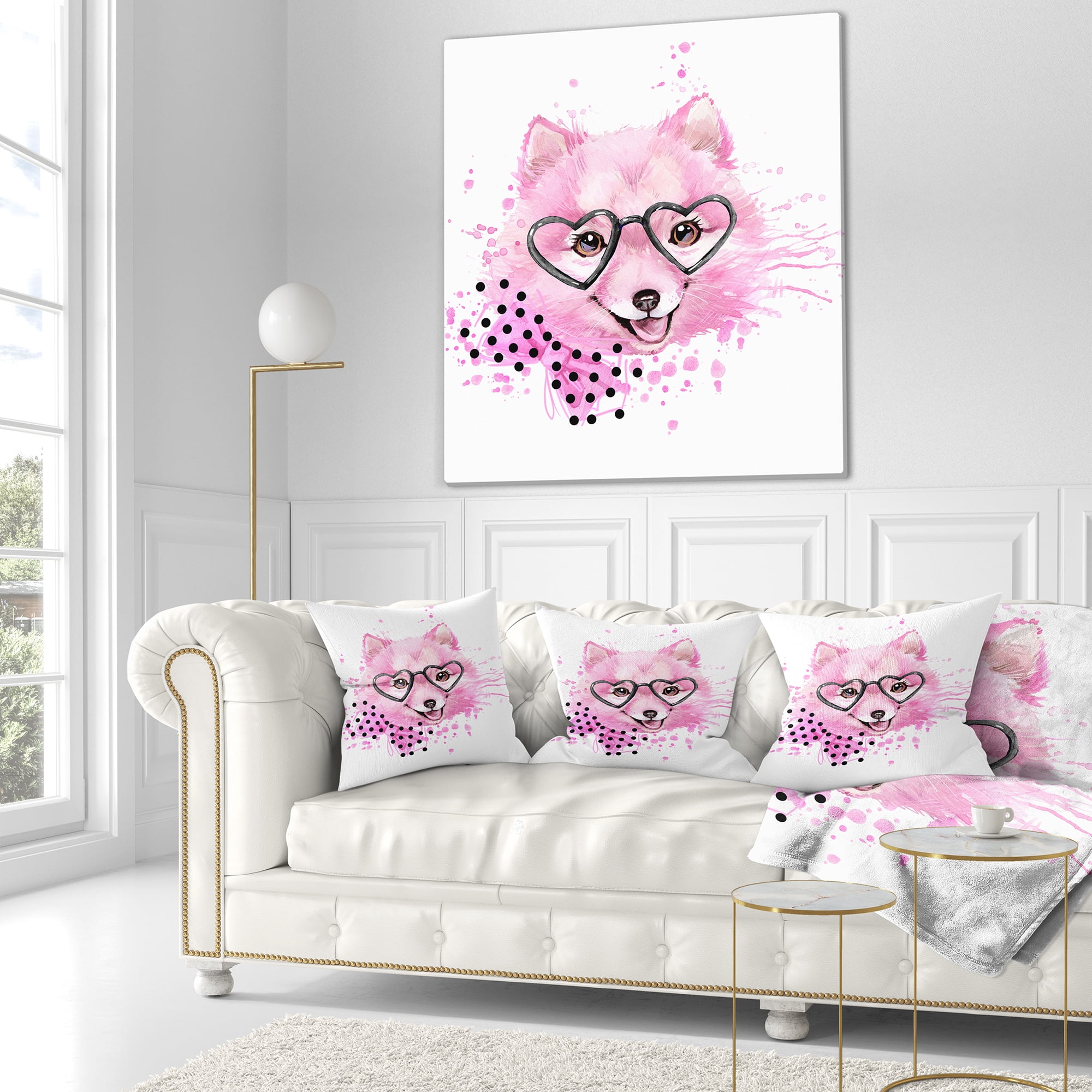 Designart Pink Dog with Heart Glasses - Contemporary Animal Throw Pillow - 16x16