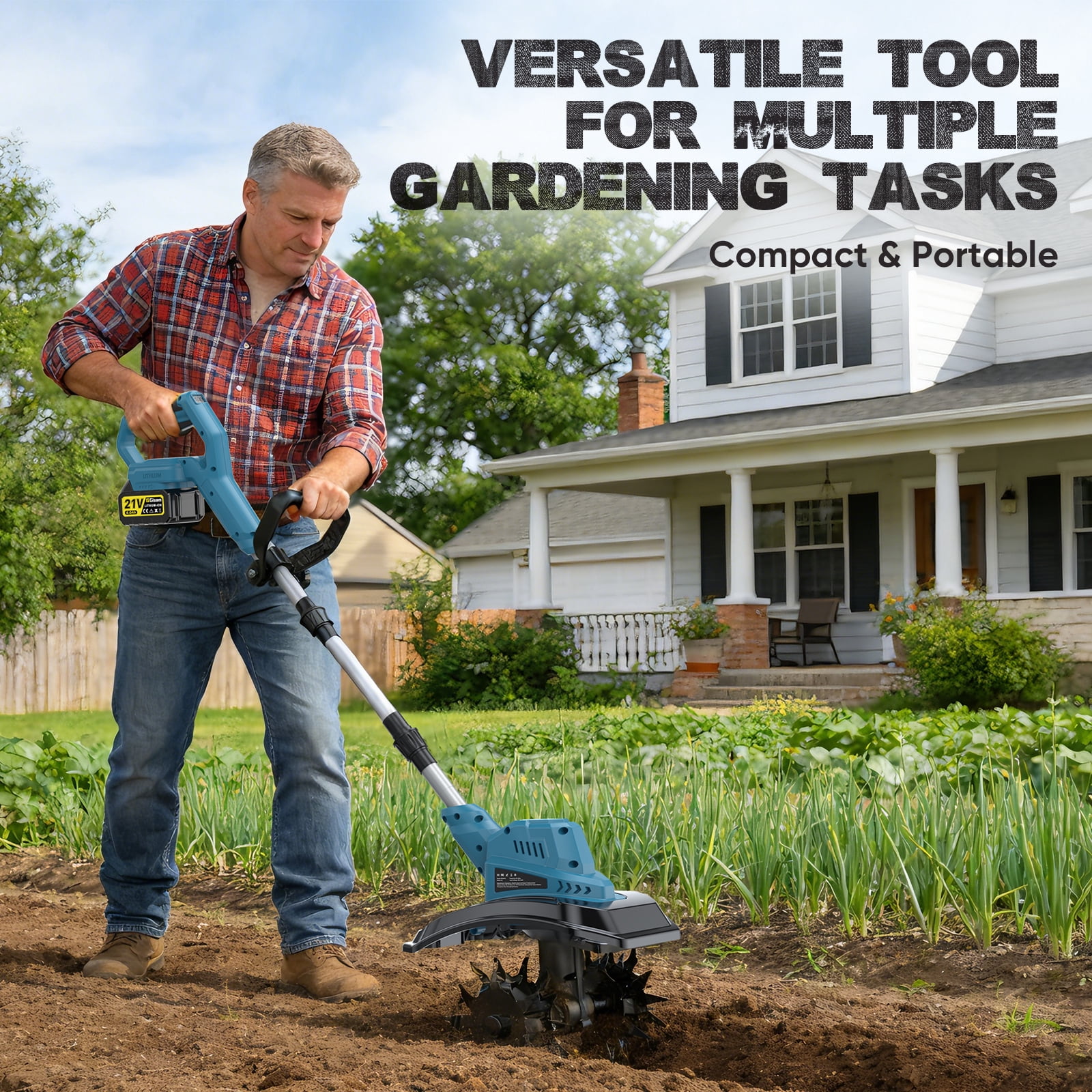 Gisam Cordless Tiller Cultivator, Electric Rototiller with 2x4.0Ah Battery and Charger, 9-inch Width 8.3-Inch Depth, Adjustable Foldable Handle, LED Power Display for Garden Soil Cultivation