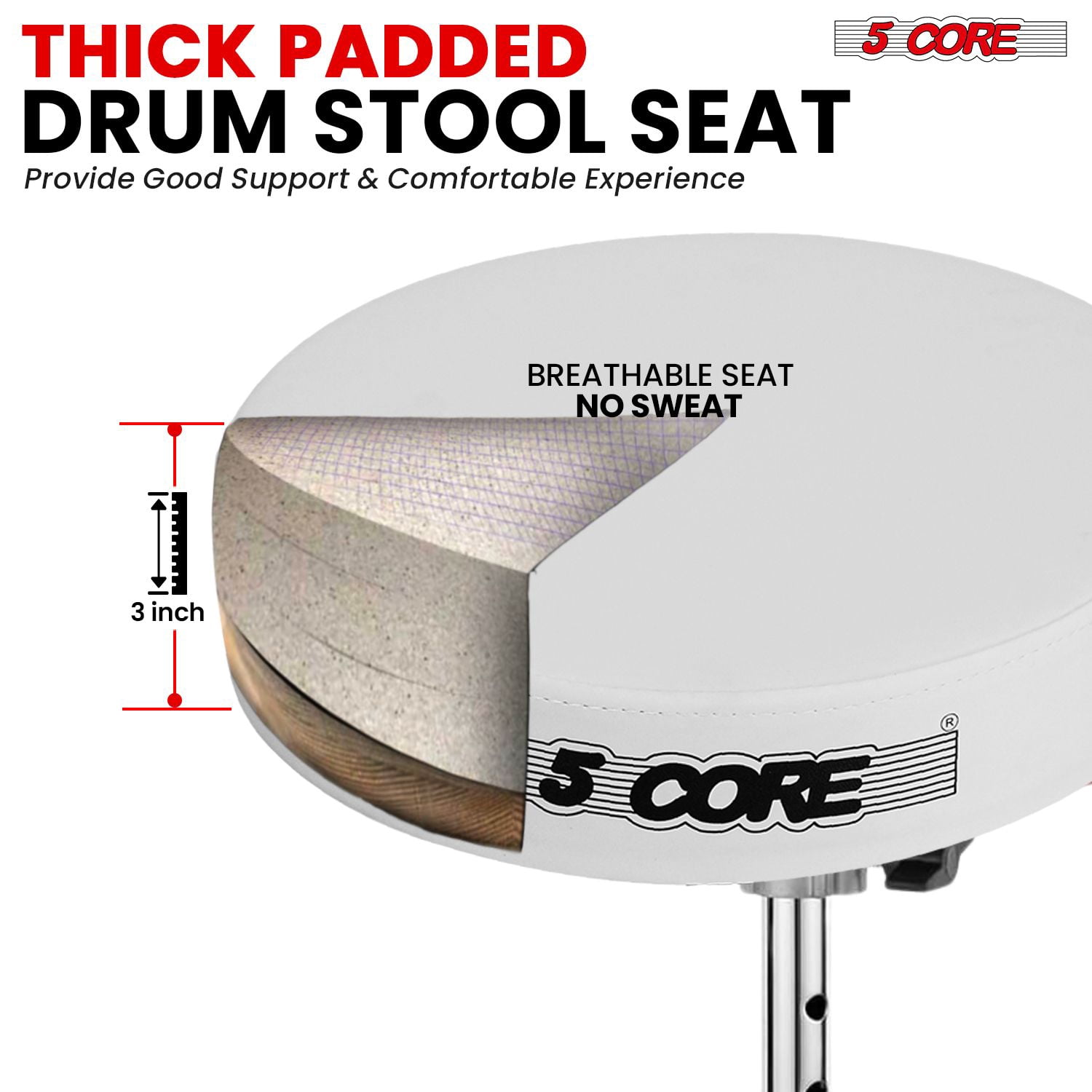 Drum Throne Padded Guitar Stool Height Adjustable Music Chair Seat Universal for Adults & Kids with Anti Slip Rubber Feet - DS BLKCH White