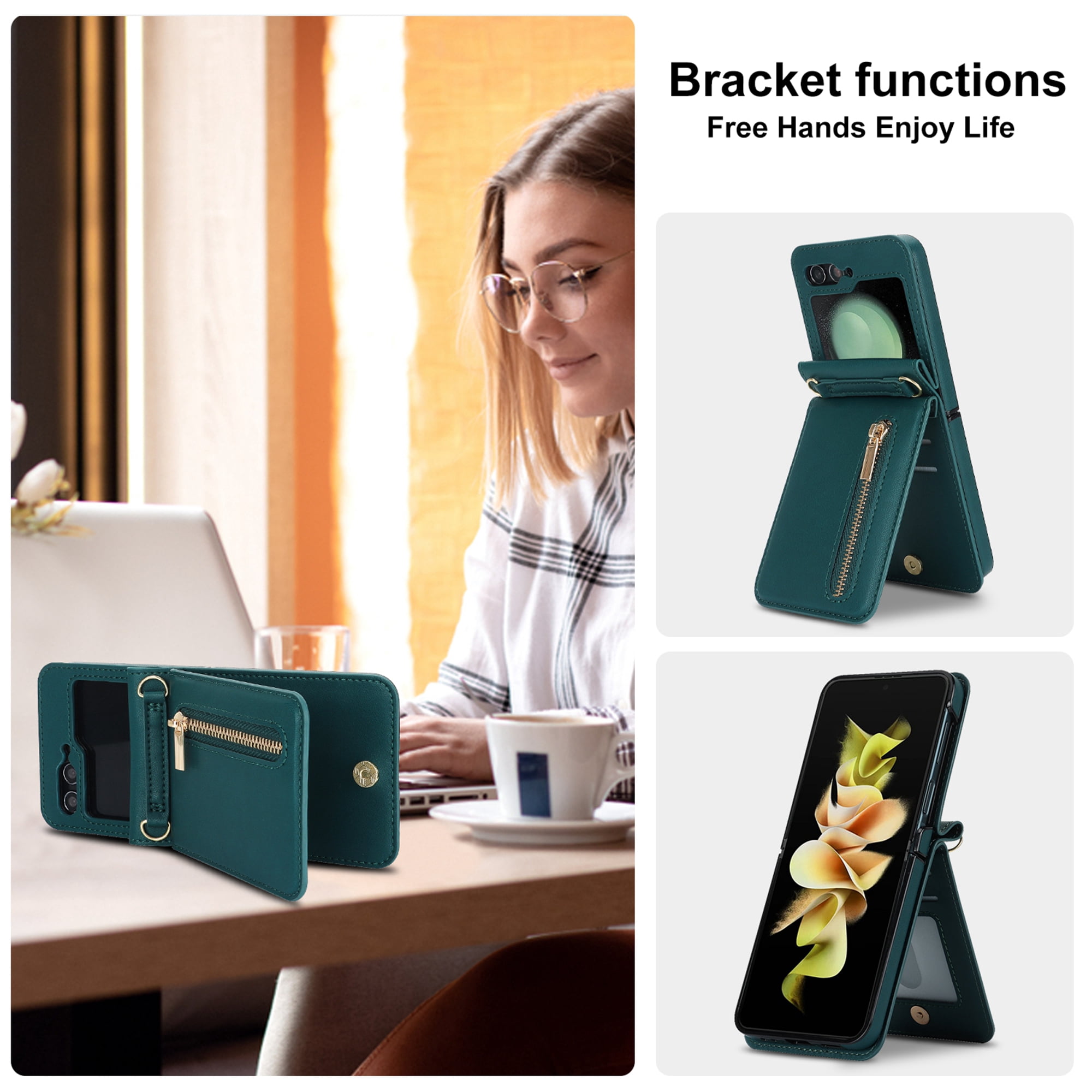 Decase for Samsung Galaxy Z Flip 5 Luxury Zipper Wallet Phone Case, Multi-Function Kickstand Card Holder Adjustable Fashion Flip Cover Case with Crossbody Strap for Samsung Z Flip 5 5G,Darkgreen