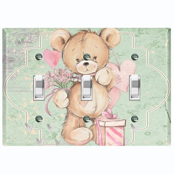 Metal Light Switch Wall Plate Outlet Cover (Teddy Bear Love Heart Flower Bouquet Balloon Present Green - Triple Toggle)