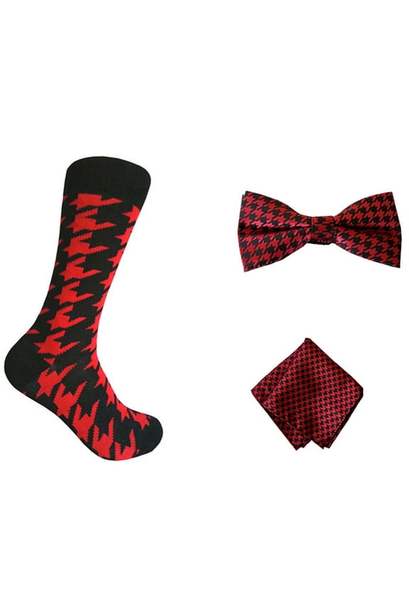 Novelty Houndstooth PatternMid-calf Socks with Bowtie and Pocket Square Set In Red with Black Color