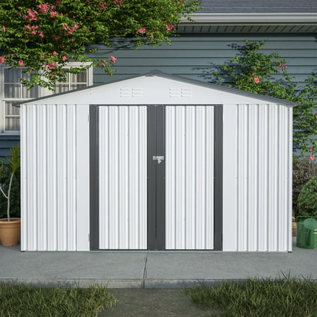CoSoTower 10X8 Ft Outdoor Storage Shed, All Weather Metal Sheds with Metal Foundation & Lockable Doors, Tool Shed for Garden, Patio, Backyard, Lawn, Grey