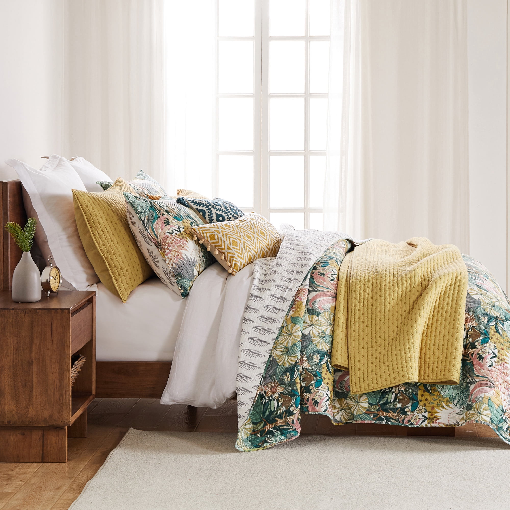 Levtex Home - Ashika Quilt Set - King Quilt and Two King Shams - Tropical - Green, Blush, Ochre, Grey and Cream - Quilt (106x92in.) and Shams (20x36in.) - Reversible - Cotton