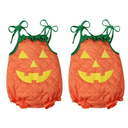 

DLQT 2pcs110 Size Boys And Girls Infant Autumn And Winter Halloween Sleeveless Pumpkin Jumpsuit Baby Crawling Clothes