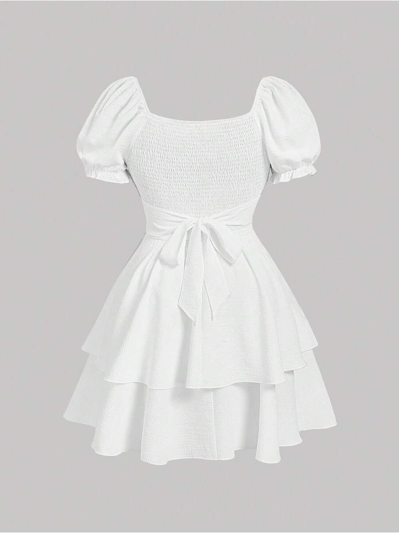 white short dress for graduation plus size Puff Sleeve With Bow Tie Back, Summer Birthday Dress Women, Corset Style Mini Dress, Women's, Size: 2XL Length:Midi-Dress