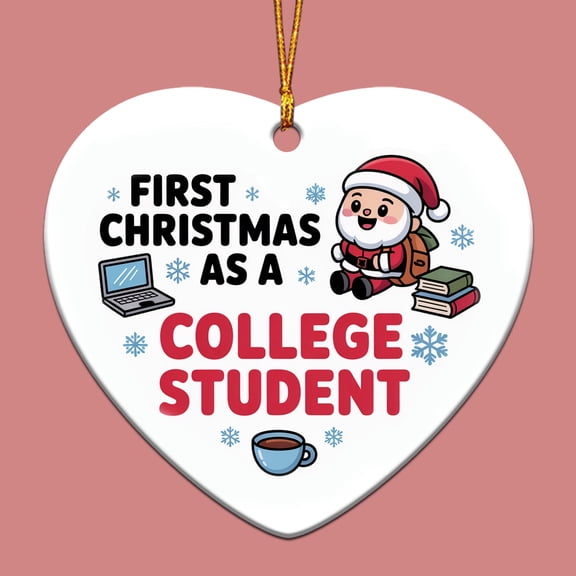 First Christmas as a College Student Ornament, Christmas Ornament, Personalized Gift for College Student Ceramic Heart Ornament Keepsake for Him or Her 205OR4
