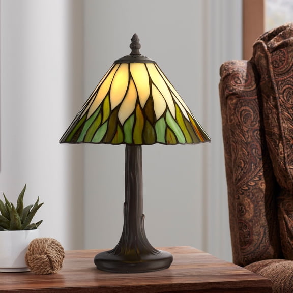 Robert Louis Tiffany Foglia Cottage Accent Table Lamp 14 1/2" High Brown Tree Stained Glass Shade for Bedroom Bedside Nightstand Office Kids House