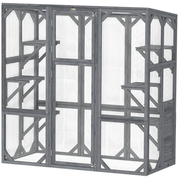 PawHut Catio with 6 Platforms, Weatherproo Roof, Outdoor Cat Enclosure-Grey
