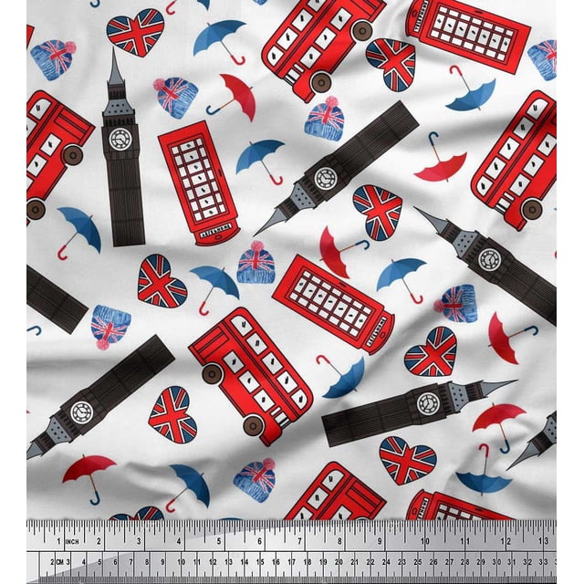 Soimoi Modal Satin Fabric Bus,Telephone Booth & London Clock Tower Architectural Print Fabric by The Yard 42 Inch Wide