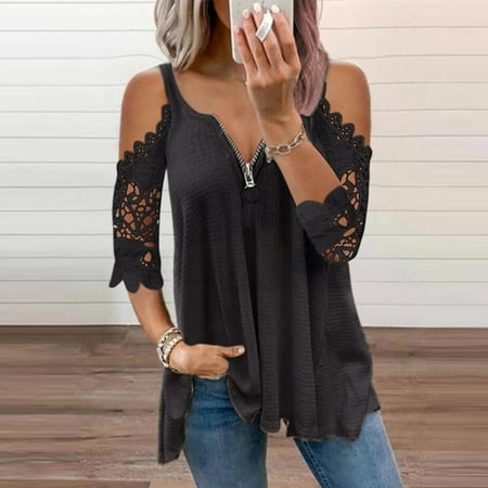 

Womens Summer Shirts Zipper V Neck Cold Shoulder Shirt Tops Casual Trendy Lace Hollow Out Tunic Blouse Tops