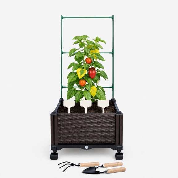 SHERBO 11.8 x 11.8 in Plastic Raised Garden Planter Box with Wheels and Trellis, Compact Patio Herb Planter, Brown, Easy Assembly