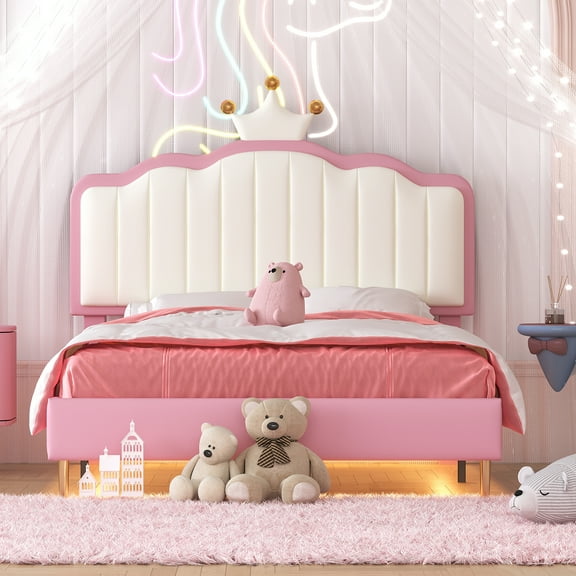Euroco Upholstered Full Size Platform Bed, Princess Bed with Crown and LED Light for Kids, Pink