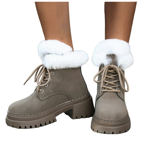 Fluffy Combat Boots for Women Winter Warm Fleece Lined Snow Booties Non Slip Walking Ankle Boots