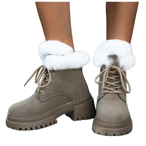 Winter Snow Boots for Women 2025 Fuzzy Warm Platform Chunky Mid Heel Combat Boots Suede Lace up Heeled Ankle Booties