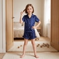 thumbnail image 3 of NIPAXO Girls Pajamas Set Short Sleeve Button-Down Solid Navy Blue Ruffle Shorts Satin Sleepwear for Kids, 3 of 8