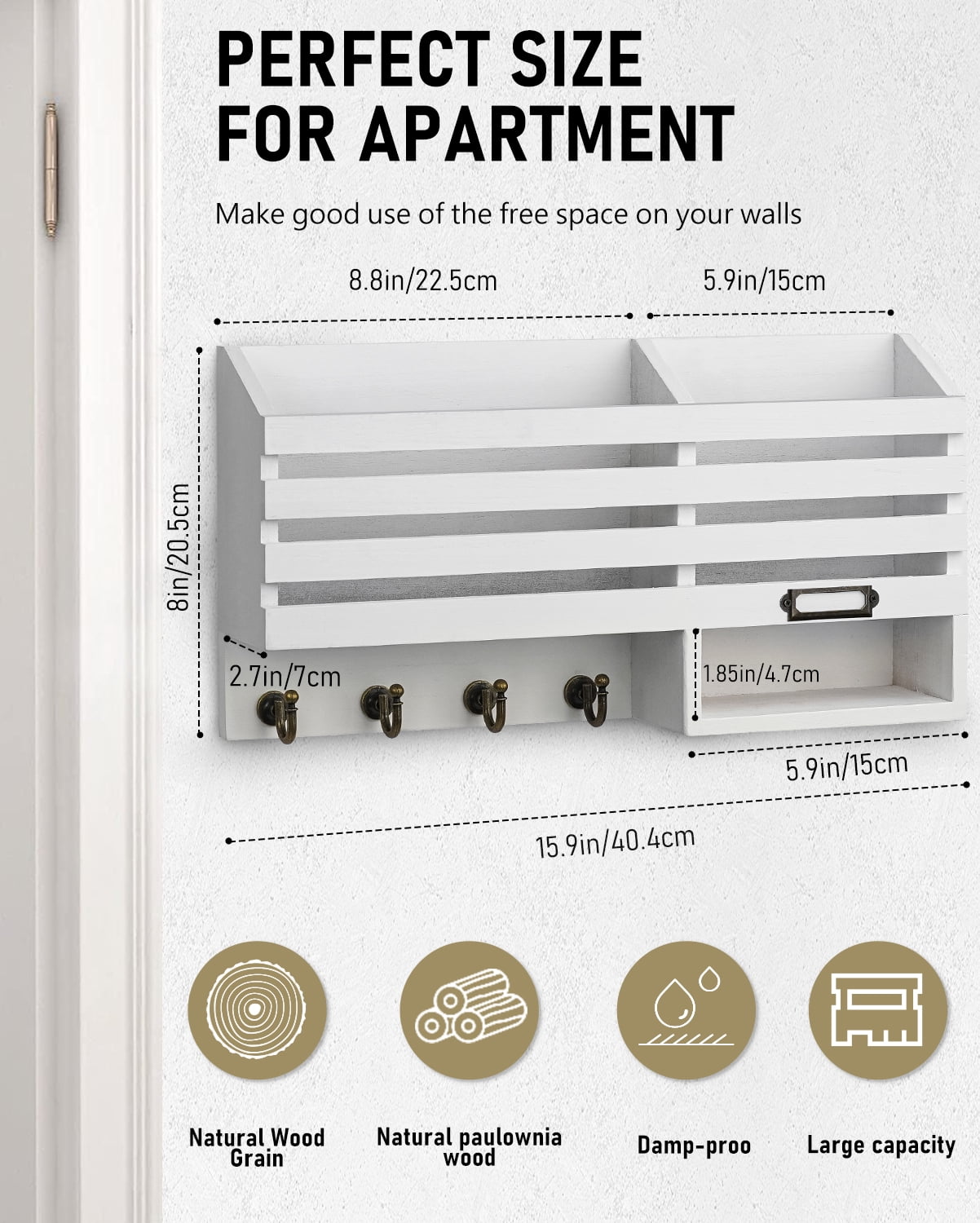 Key Holder for Wall,Dinosam Double Mail Organizer Wall Mount with Store Shelf and 4 Sturdy Hooks,Hanging Key Rack Hanger for Entryway, Hallway, Bedroom, Living Room and Office,White