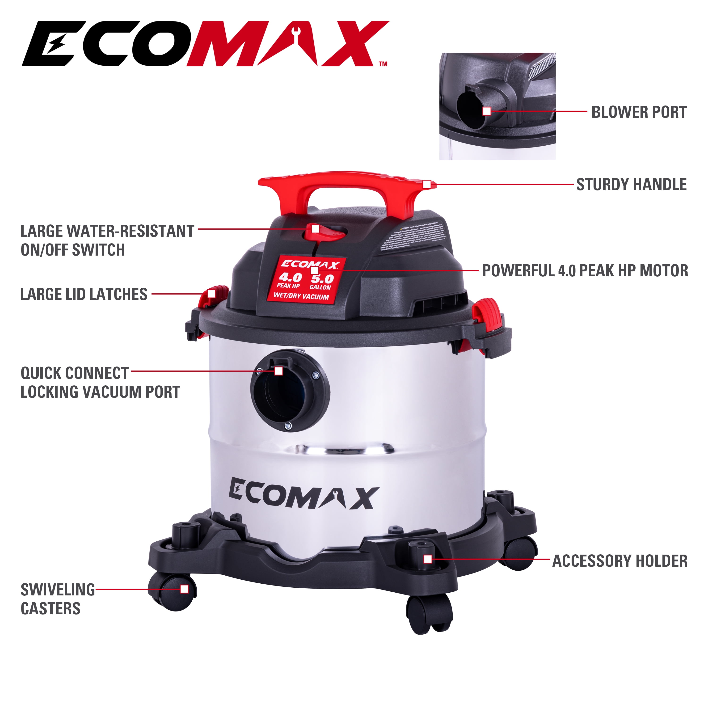 Ecomax 5 Gallon 4 HP Stainless Steel Wet/Dry Vacuum