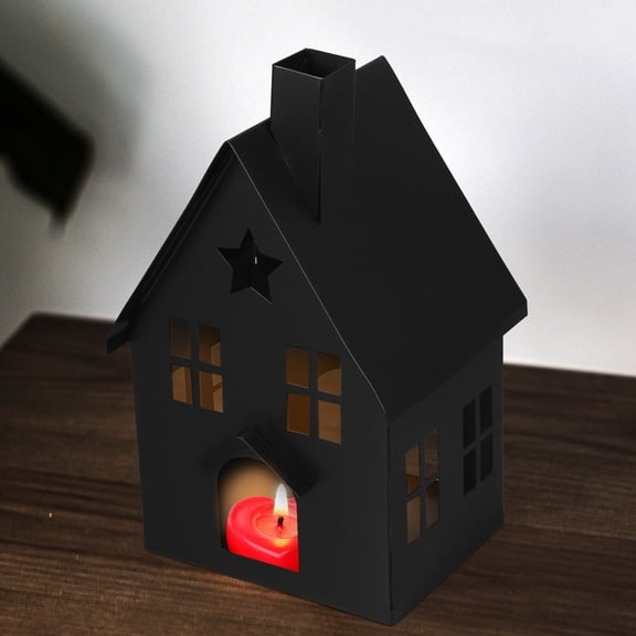 OUNONA Vintage Black Metal Candle Holder House Shaped Desktop Adornment