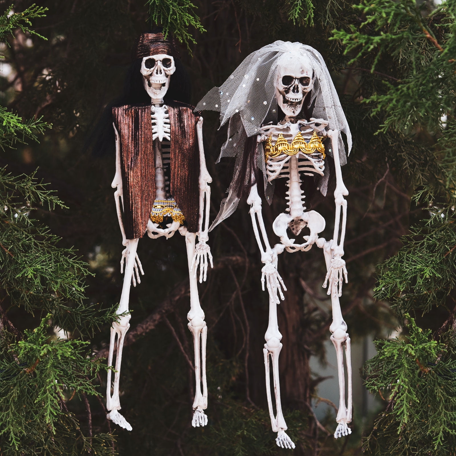 Fun Little Toys 2 Packs Halloween Hanging Pirate Skeletons,16' Full Body Skeleton Decorations, Bride Groom in Wedding Dress and Suit, Outdoor Indoor Yard Patio Decor
