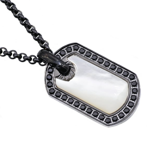 Mens Genuine Mother Of Pearl Black Plated Stainless Steel Dog Tag Pendant With Black Cubic Zirconia