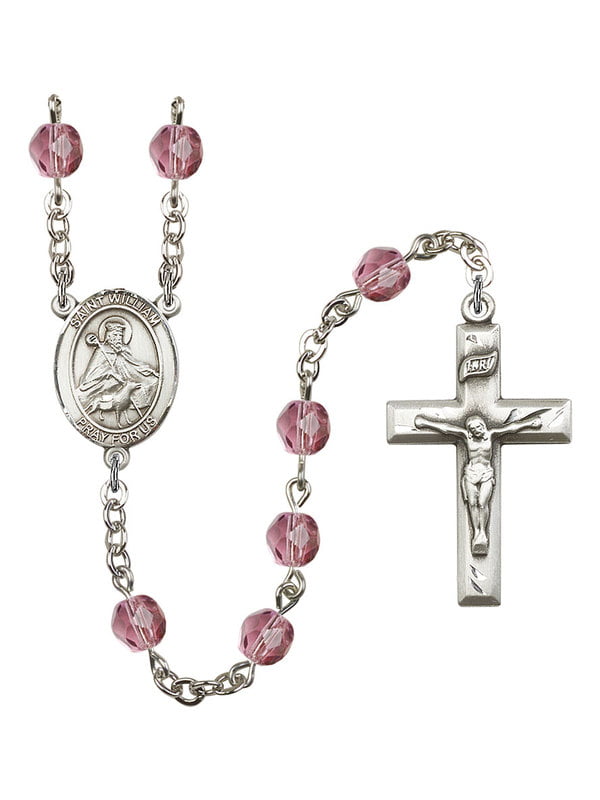 18-Inch Rhodium Plated Necklace with 6mm Crystal Birthstone Beads and Sterling Silver Saint William of Rochester Charm. 