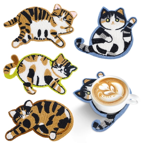 BZUEPRS 4Pcs Cute Cat Coasters Cat Creative Knitted Coasters Funny Cat Gifts for Cat Lovers Drink Coasters for Table, Office, Desk, Bar,Coffee Shop
