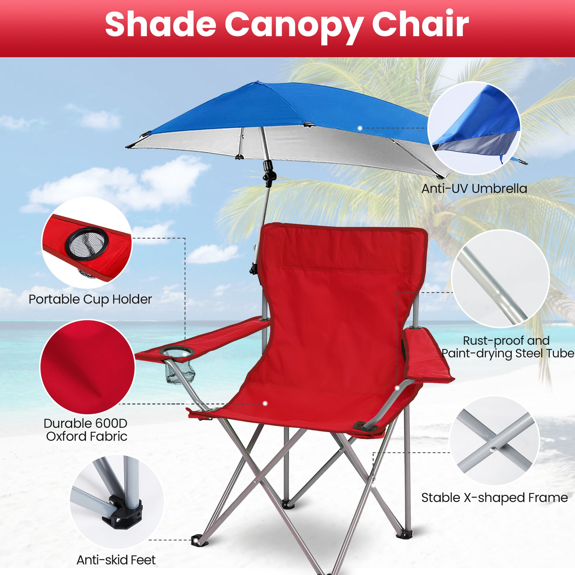 iMounTEK Portable Heavy Duty Lawn Folding Chair with Adjustable Umbrella Detachable Camping Chair Blue Walmart