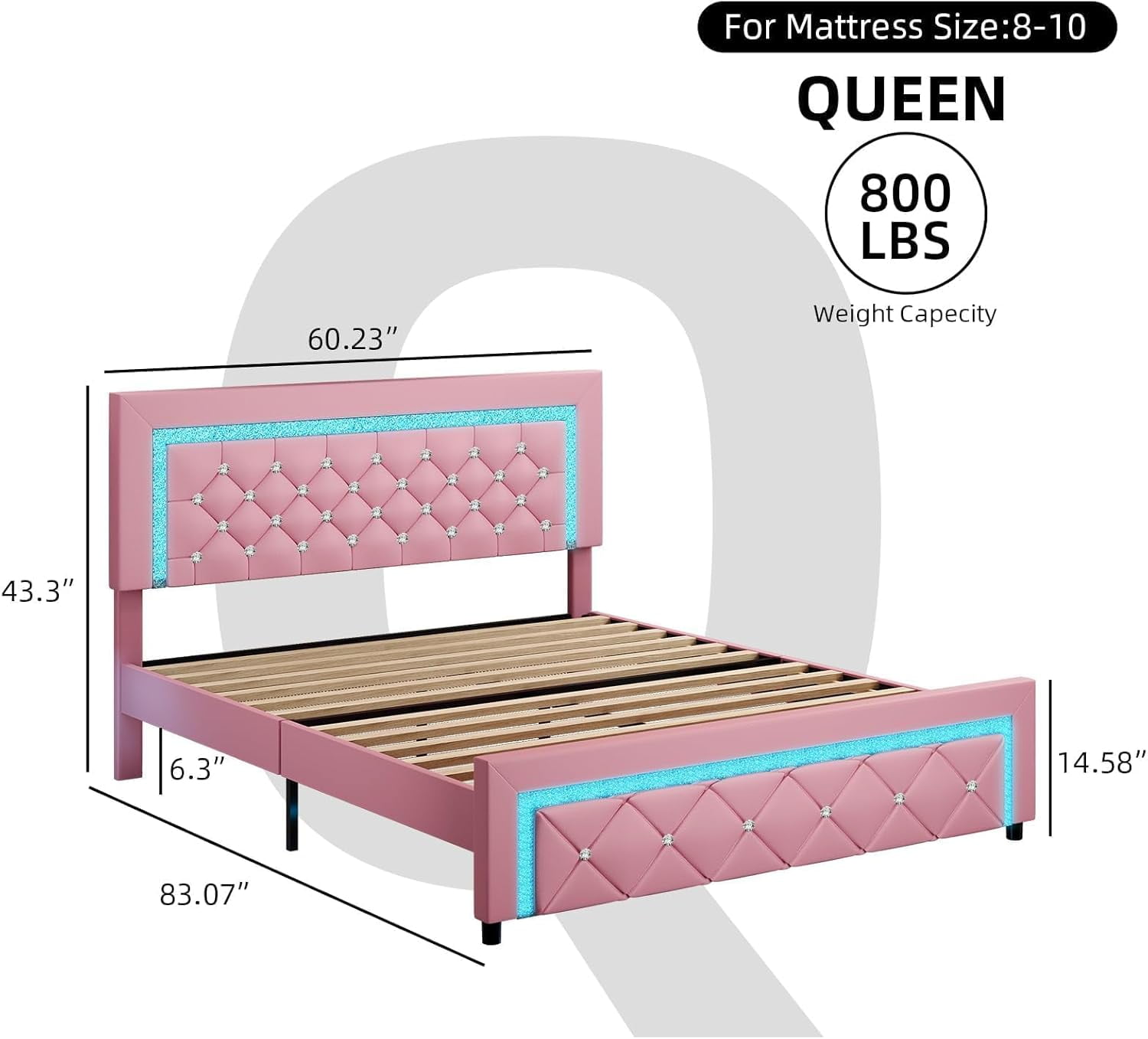 4 EVER WINNER Queen Size LED Bed Frame with Headboard，Upholstered Platform Bed Frame with LED Lights，Diamond Tufted Headboard and Footboard，Pink