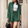 thumbnail image 4 of DHFJKG Women's 2 Piece Sets Spring Summer Outfits For Women Long Sleeve Button Up Collar Shirt High Waist Drawstring Shorts Casual Daily Wear Stylish Outfit, 4 of 5