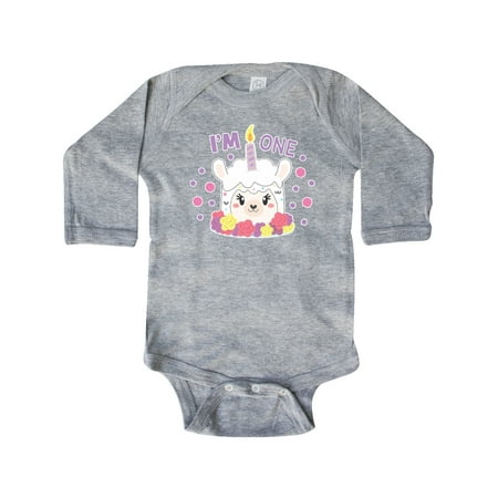 

Inktastic I m One with Flowers and Cute Llama Cake Gift Baby Girl Long Sleeve Bodysuit