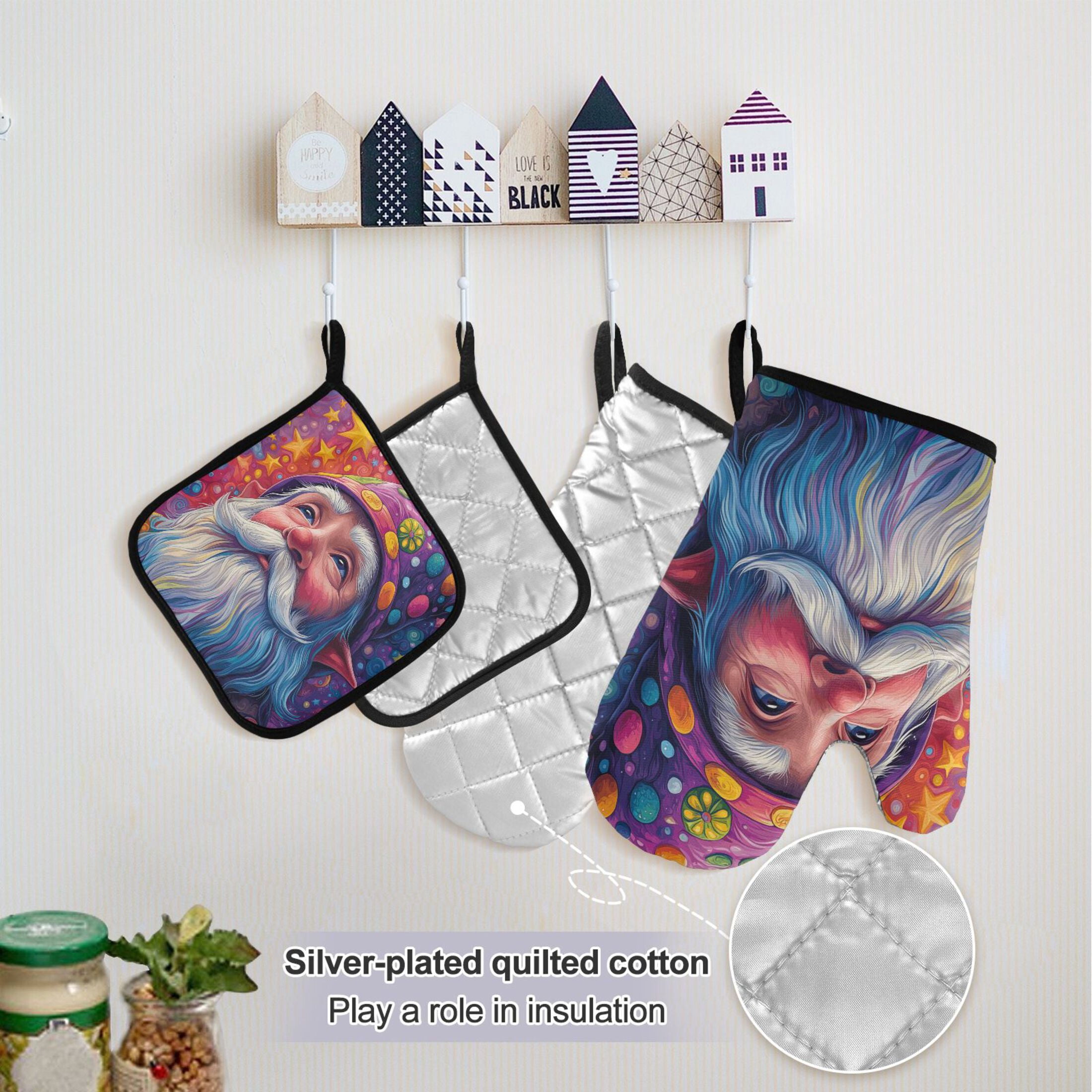 Cartoon Colorful Gnome 5 Pcs Kitchen Set Heat Resistant Oven Mitts and Non-Slip Pot Holders with Adjustable Cooking Apron