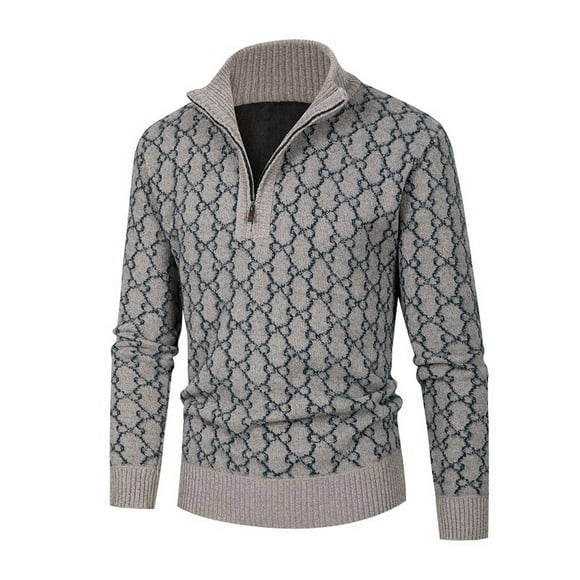 fartey Mens Sweater Knit Stand Collar Woolen Print Top Long Sleeve Slim Fall and Winter Warm Quarter Zip Pullover Sweater