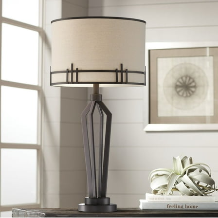 Franklin Iron Works Picket Industrial Table Lamp 28" Tall Oil Rubbed Bronze with USB Charging Port Oatmeal Fabric Drum Shade for Bedroom Living Room
