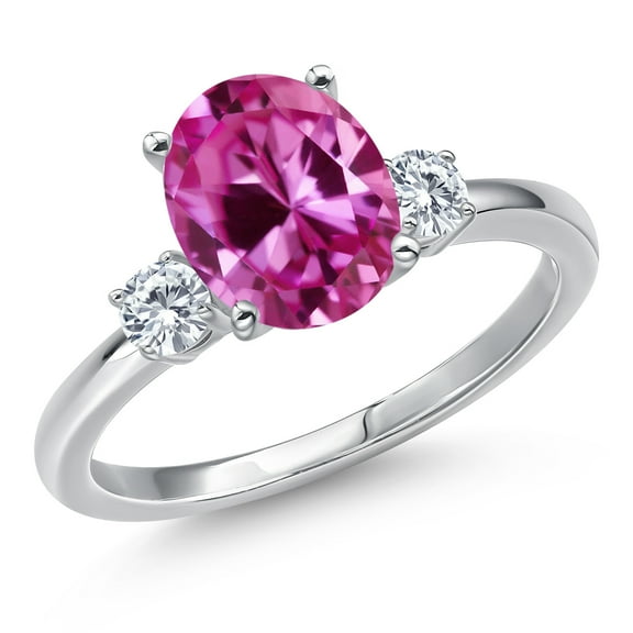 Gem Stone King 14K White Gold Pink Created Sapphire and Moissanite Engagement Ring for Women | 3.45 Cttw | Oval 10X8MM | Gemstone September Birthstone | Size 7