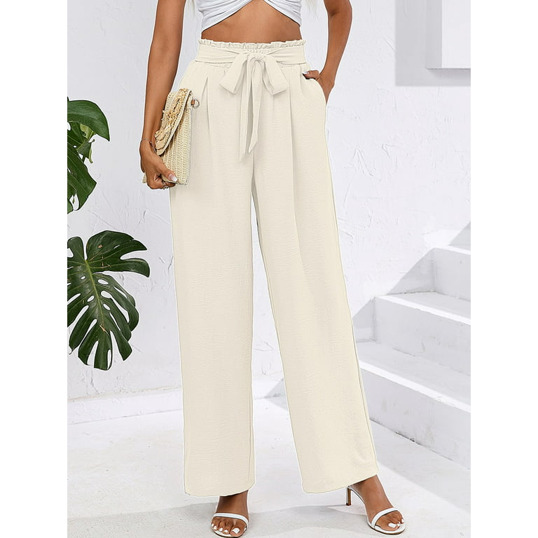 Chiclily Women Wide Leg Pants with Pockets High Waist Loose Belt Flowy  Casual Trousers, US Size Medium in Ivory